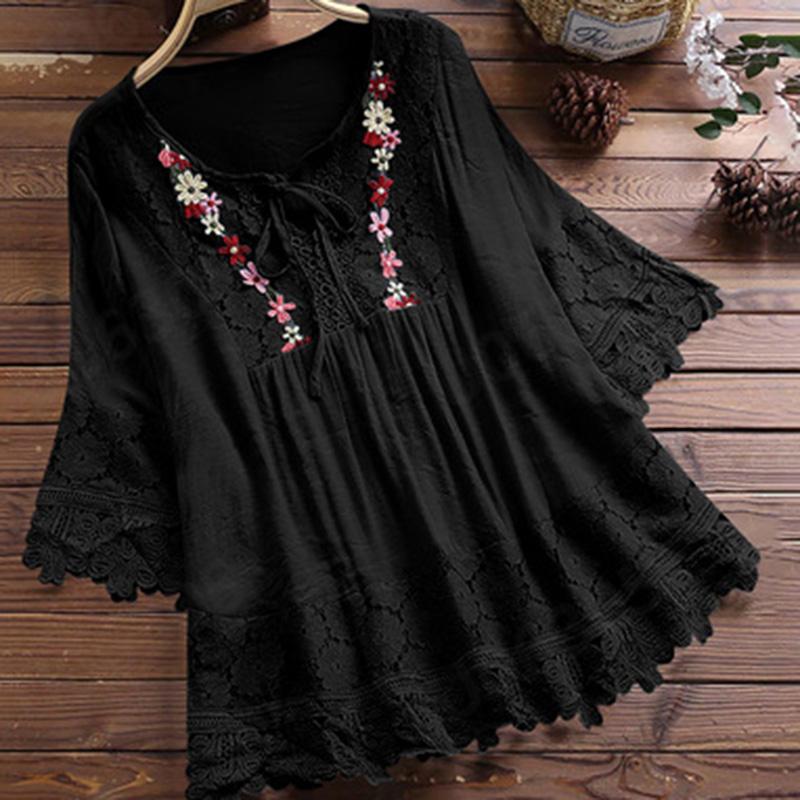 Women Lace Embroidery Flower Loose Plus Size Half Sleeve Shirt