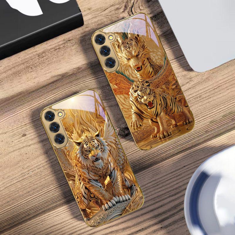 Фантастический золотой зверь для Samsung Galaxy S20 FE S21 S22 S23 Plus S24 Ultra 25Ultra S21+ S9+ S22Plus Золотой стеклянный чехол для телефона
