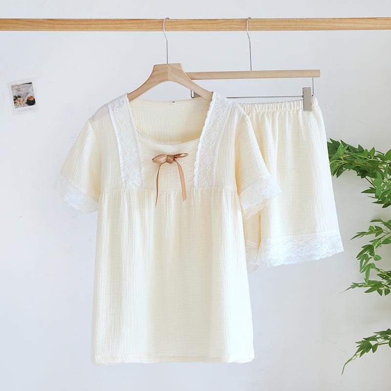 Летний новый женский пижамный комплект из 100% хлопкового крепа, милые шорты с коротким рукавом, комплект из двух предметов, повседневный домашний женский