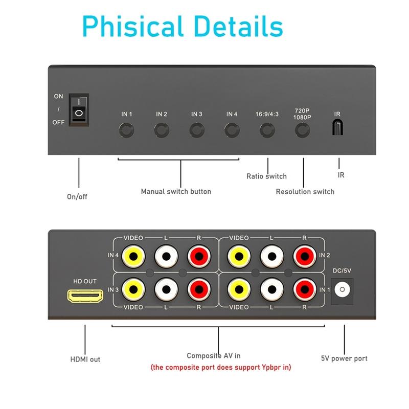 For RCA To -Compatible 1080P Converter Switch 4 In 1 Out Composite AV To -Compatible Scaler Converter