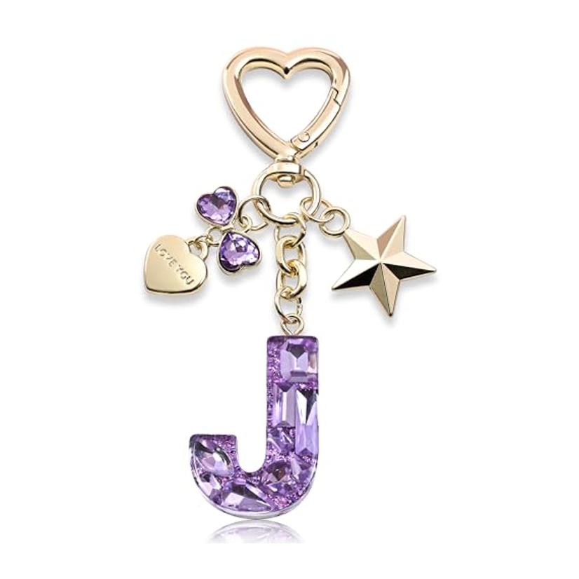 Bling Keychain with Initial Letter Butterfly Star Pink Purple - Cute Gift for Women And Girls Bag Cup Charms Fashion Accessory