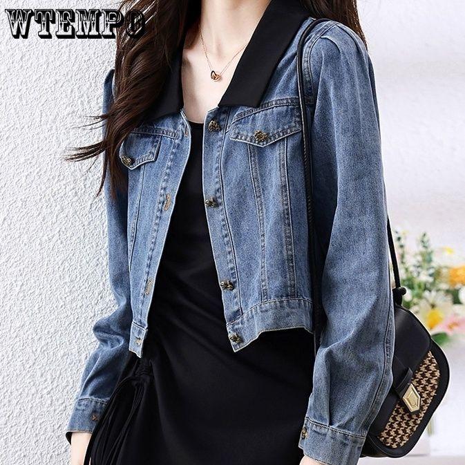 Cropped Denim Jacket Women Korean Fashion Back Split Buttons Up Bomber Jacket Female Lapel Long Sleeve Jeans Coats