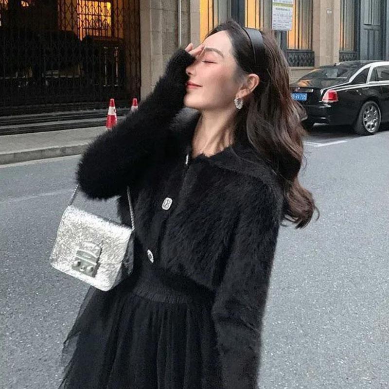 Норковый флисовый кардиган, свитер, женский короткий свитер-поло, мягкий восковой осенний однотонный вязаный кардиган с ромбовидными пуговицами, маленький ароматный свитер, пальто