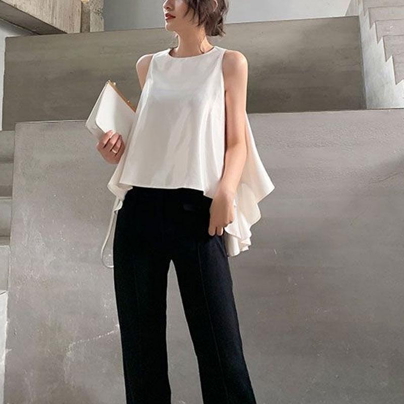 Commute Fashion Irregular Shirt Summer Korean Loose Sleeveless Solid Color All-match Casual Round Neck Blouse
