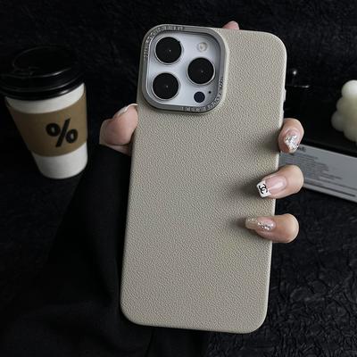 Матовый серо-титановый чехол для телефона с текстурой кожи личи для iPhone 16 15 14 13 12 11 Pro Max, противоударный жесткий чехол с металлическим ободком для камеры