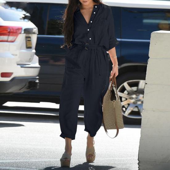 V-neck Buttons Closure Belt Women Jumpsuit Women Casual 3/4 Sleeve Solid Color Cargo Jumpsuit Ladies Outfit