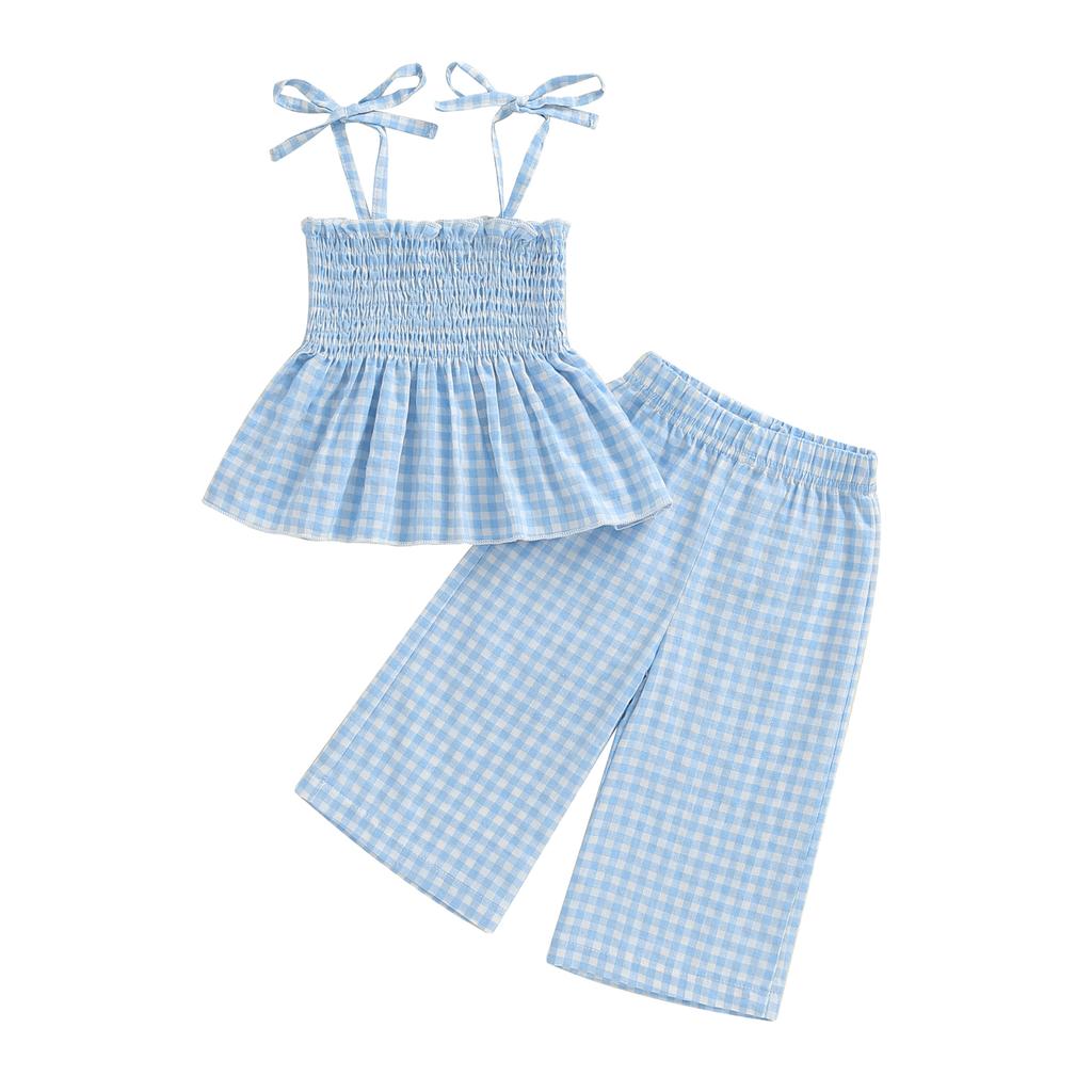Toddler Girl Summer Outfit Plaid Tie-Up Spaghetti Strap Ruched Sleeveless Tank Tops and Loose Pants 2Pcs Clothes Set