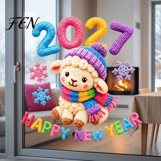 Winter Theme Window Decals Chinese New Year Stickers, 2027 Goat Static Clings, Reusable Removable Art Crochet Knit Lamb Decals, Decor for Home