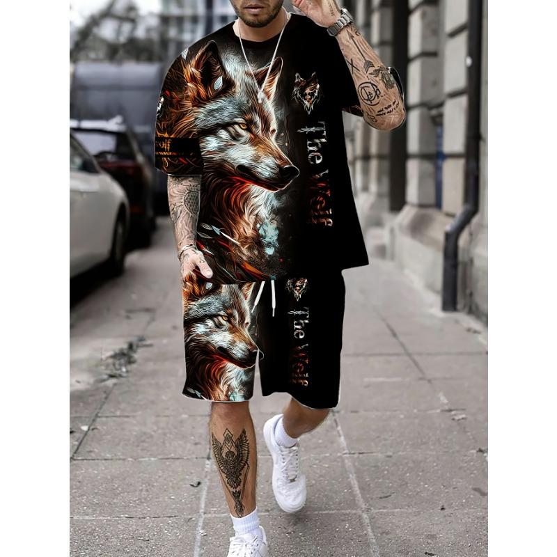 Мужской летний комплект из футболки и шорт с 3D-принтом «Голова волка» — повседневный полиэстер, машинная стирка, круглый вырез горловины