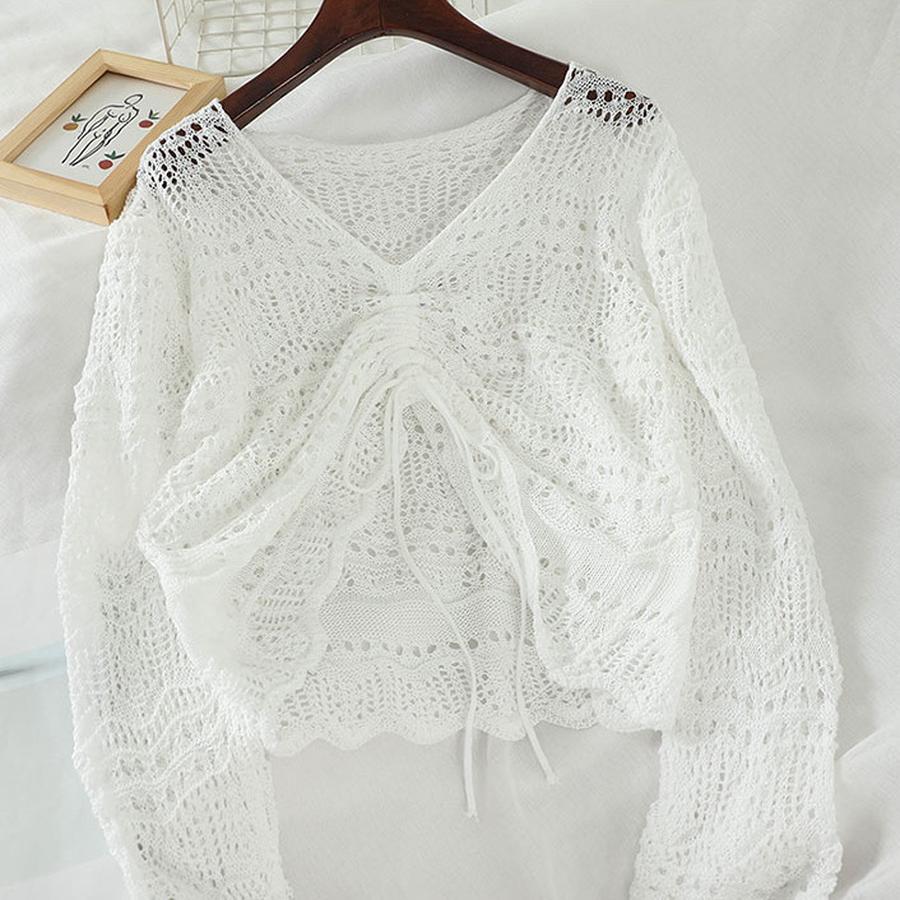 Summer Sexy Lolita Long Sleeve Hollow Knit Cover-up V-Neck Drawstring Sun Protection Short Sleeve Thin Sweater