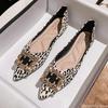 2024 New Leopard Women Flats Boat Shoes Rhinestone Square Botton Leather Casual Shoes Pointed Toe Slip-on Loafers 35-43