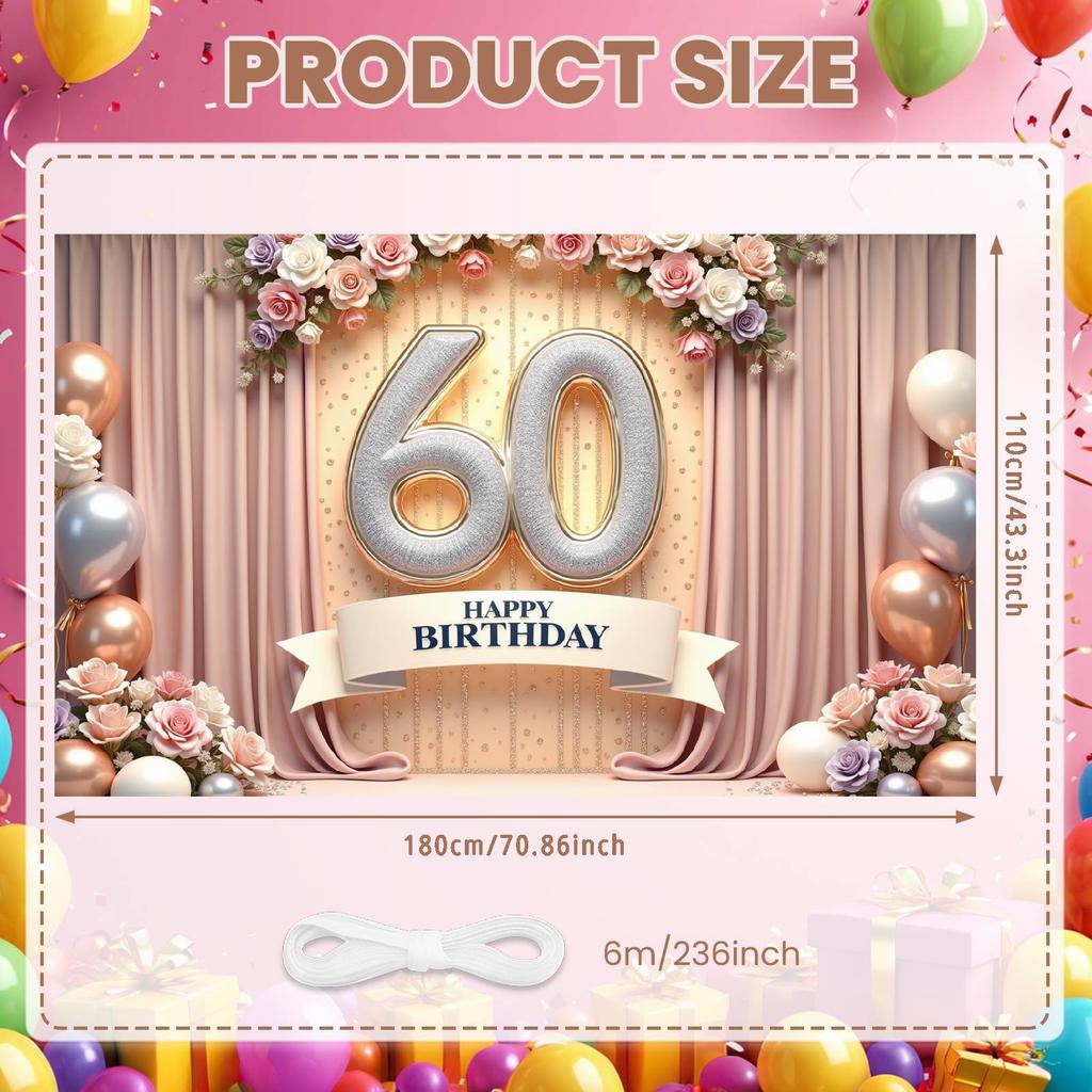 Баннер для празднования дня рождения Тема 60-летия Счастливого 60-летия Баннер с блестящими украшениями Для домашней вечеринки Фотосессии