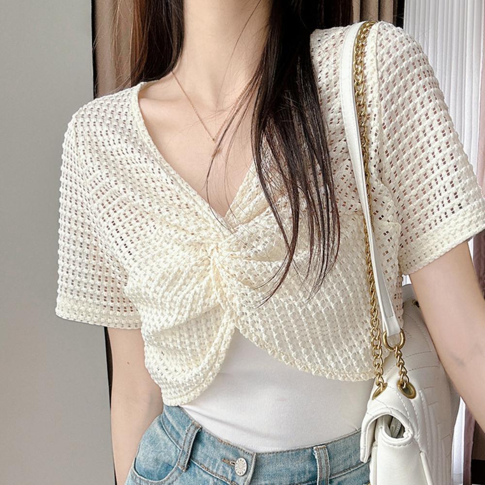 Short Sleeve Mesh Knitted Pullover Top V-neck Sun Protection Shawl T Shirt Beach