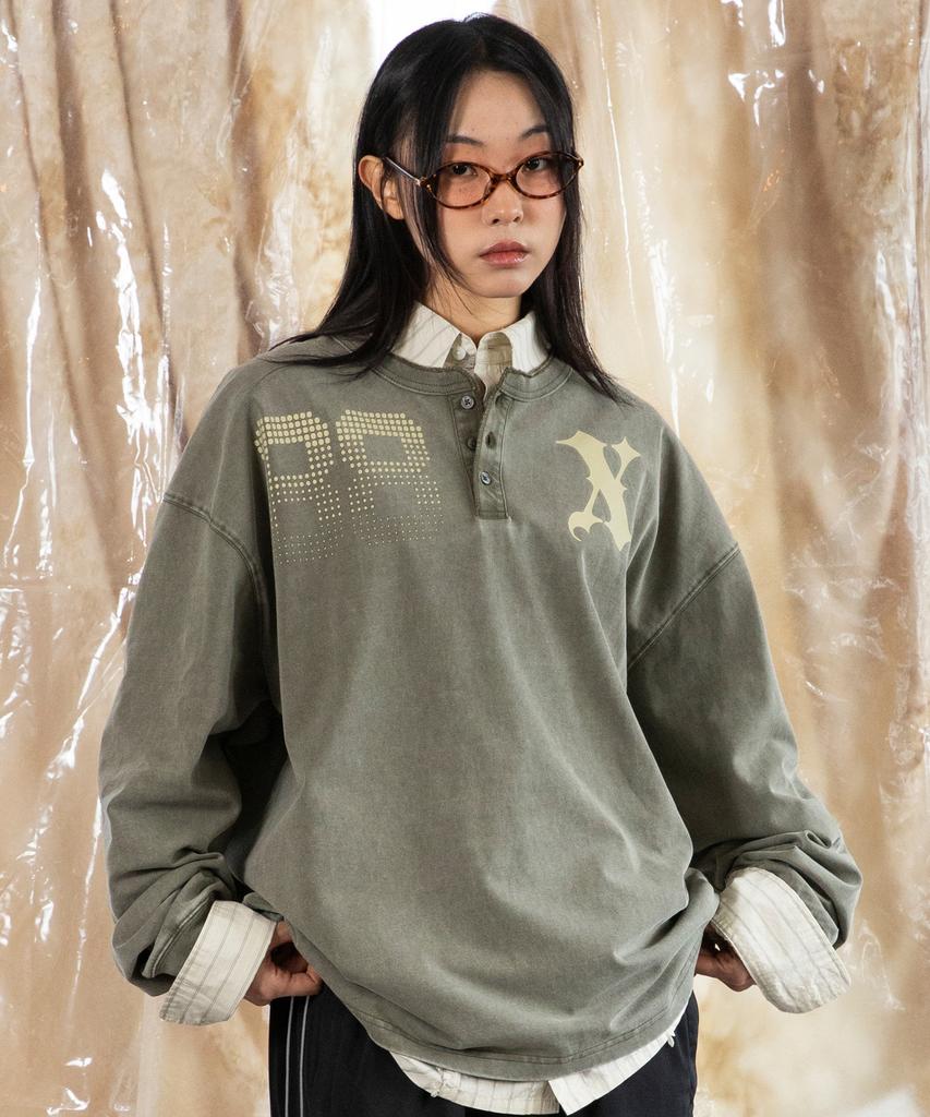 XTONZ Xtt120 Jenna Fade Washed Henley Neck Long Sleeve (Khaki)