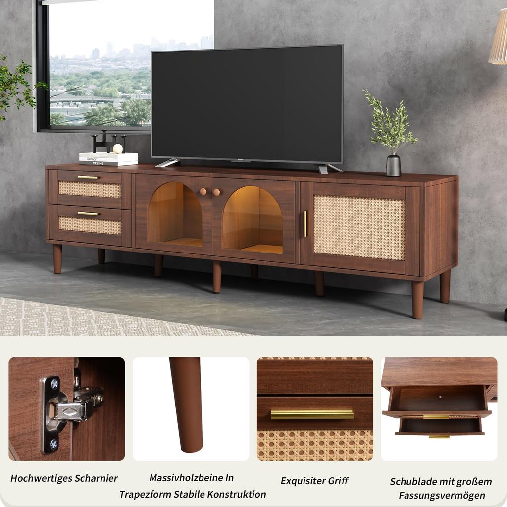 ТВ-тумба ТВ-шкаф Лоуборд 2 ящика, 2 выпуклые стеклянные дверцы, 1 ротанговая дверца, ТВ-подставка для телевизора до 80 дюймов, 180 см, гостиная, коричневый