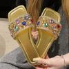 Shoes for Women Summer New Luxury Rhinestone Women Slippers Square Toe Fashion Woman Slides Outdoor Casual Flat Slippers Ladies