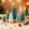 56 Pcs Mini Christmas Trees Set Sisal Snow Frosted Bottle Brush Trees with Wooden Base Miniature Artificial Pine Tree for Winter Home Tabletop Decor