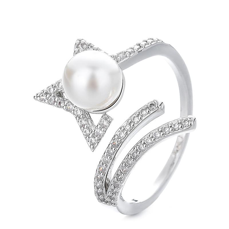 2026 Open Pearl Ring Women's Micro Inlaid with Diamonds Niche High-end Star Ring Jewelry Accessories Empty Holder