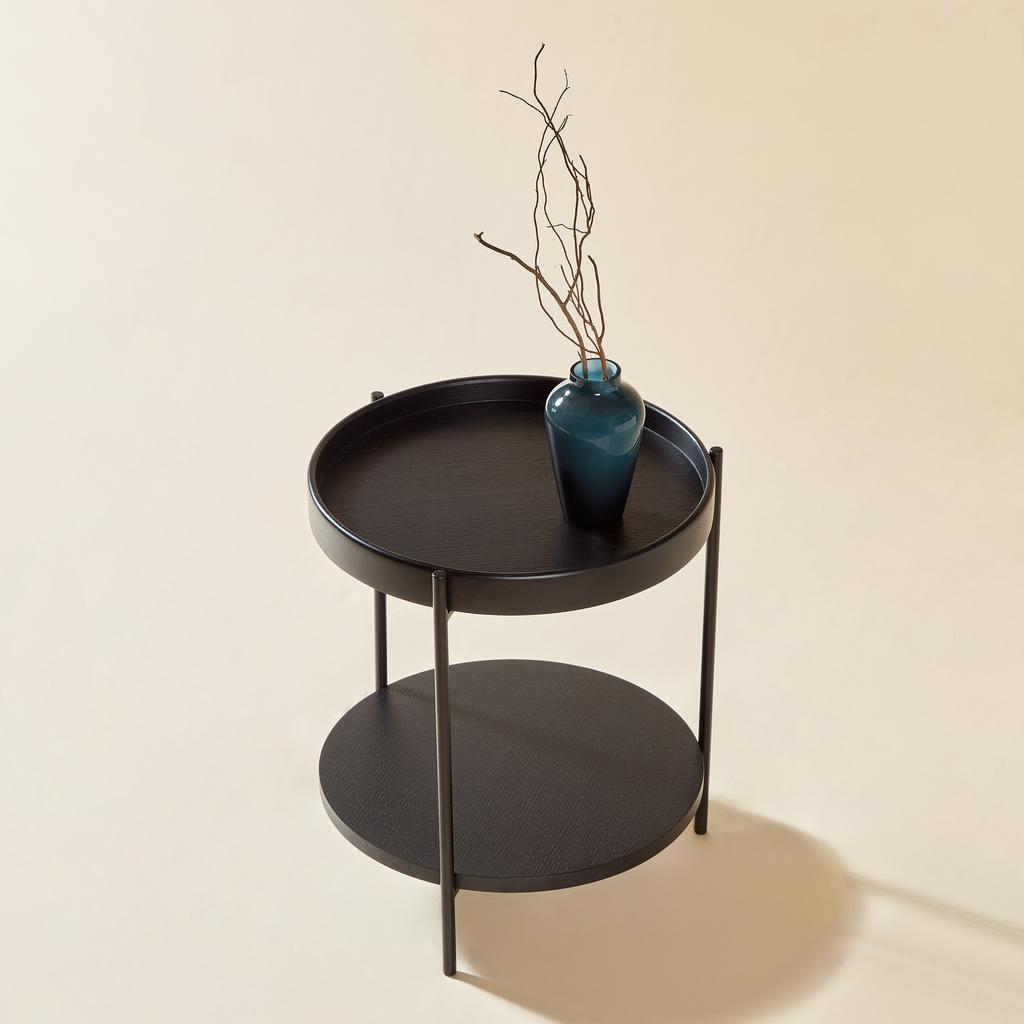 Coffee table with 2-tier tray design, round, solid wood & metal, in 3 colors: Ash Natural / Walnut / Black, combinable with side table (44x44x48 cm)