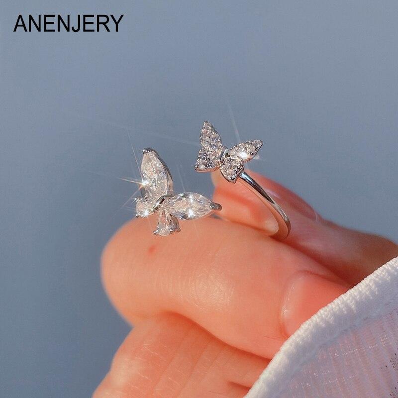 ANENJERY Sparkling Zirconia Flying Butterfly Opening Ring for Women Design Premium Index Finger Tail Ring Bague Anel Anillo