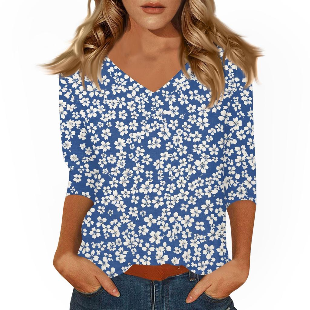 Women's Tops Three-quarter Sleeve Shirt V-neck Loose Casual Shirt Print T-shirt