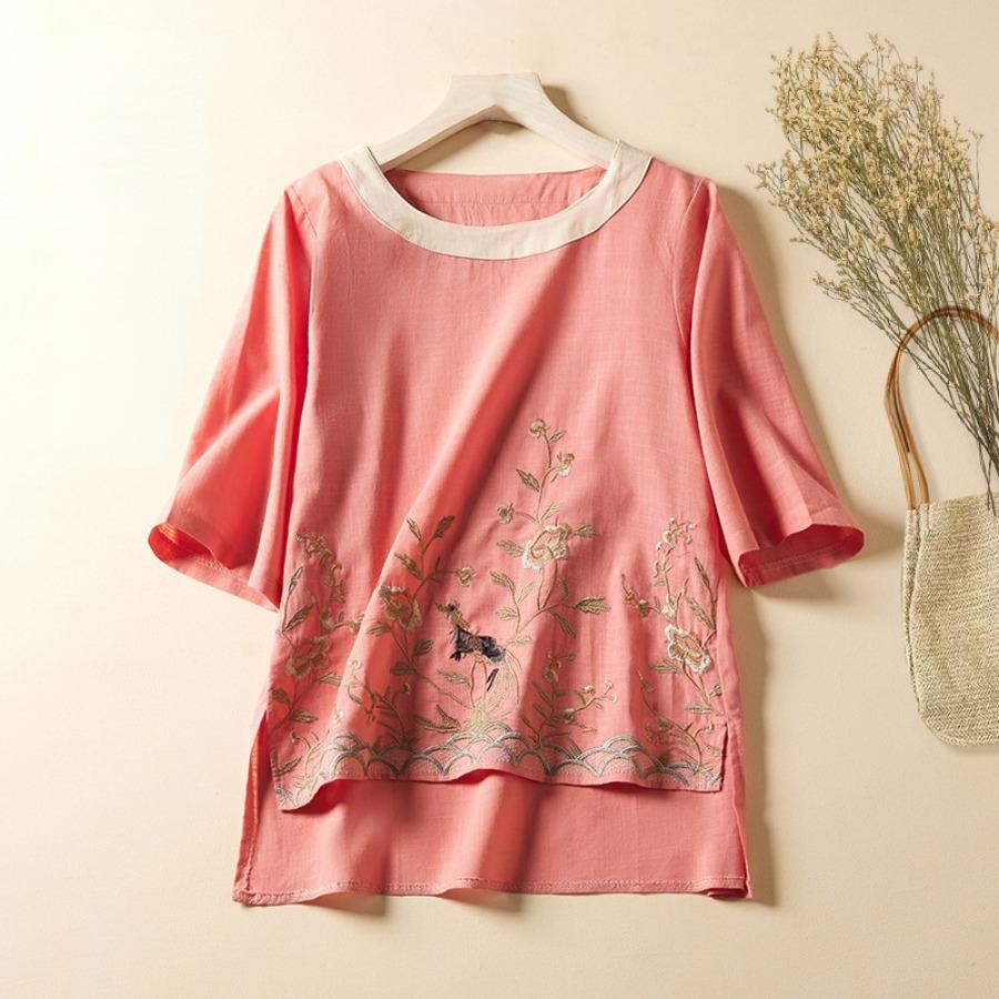 Повседневная хлопково-льняная рубашка, летний топ с вышивкой в ​​стиле ретро, ​​женская художественная блузка с круглым вырезом