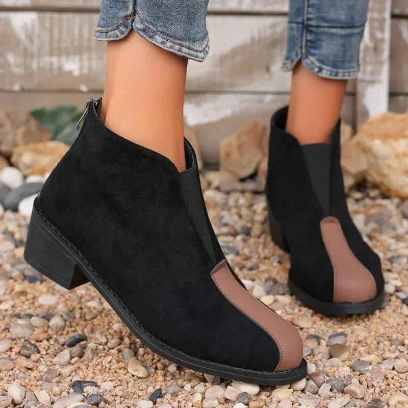 Fashion 2024 Autumn/Winter New Trade Women's Single Boot Large Leopard Print Front Zipper Square Heel Short Boots for Women Plus Size 43