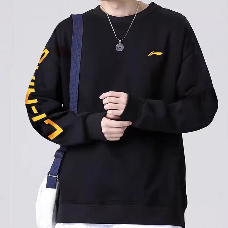 Li Ning Brand Logo Пара Повседневный спортивный свитер с круглым вырезом Длинный рукав Флисовая толстовка Унисекс толстовка Черный YWDT533-2