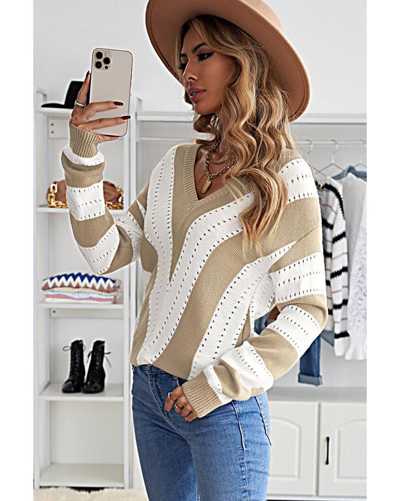 Azura Exchange Полосатый вязаный свитер с V-образным вырезом Color Block