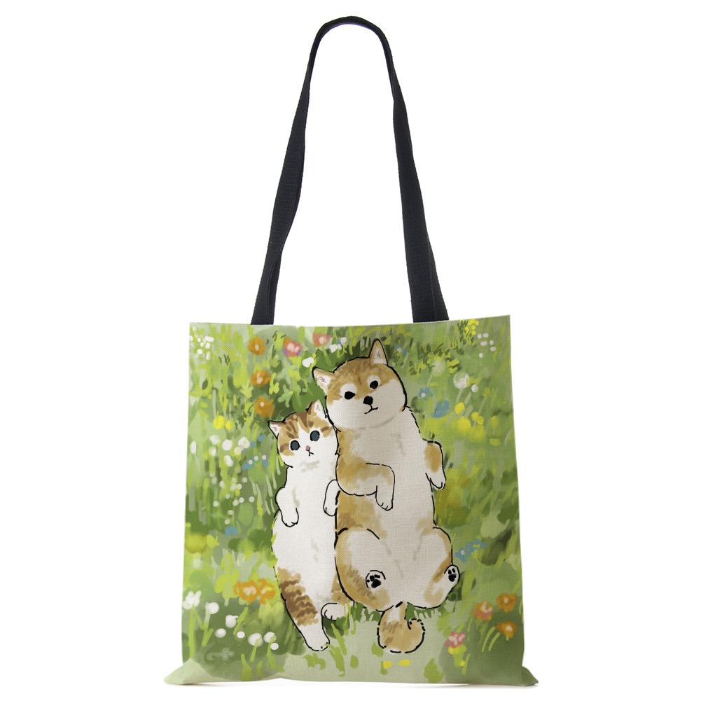 Женская сумка с милым животным кошачьим принтом, повседневная складная сумка-тоут для покупок в стиле Харадзюку, многоразовые сумки на плечо большой емкости