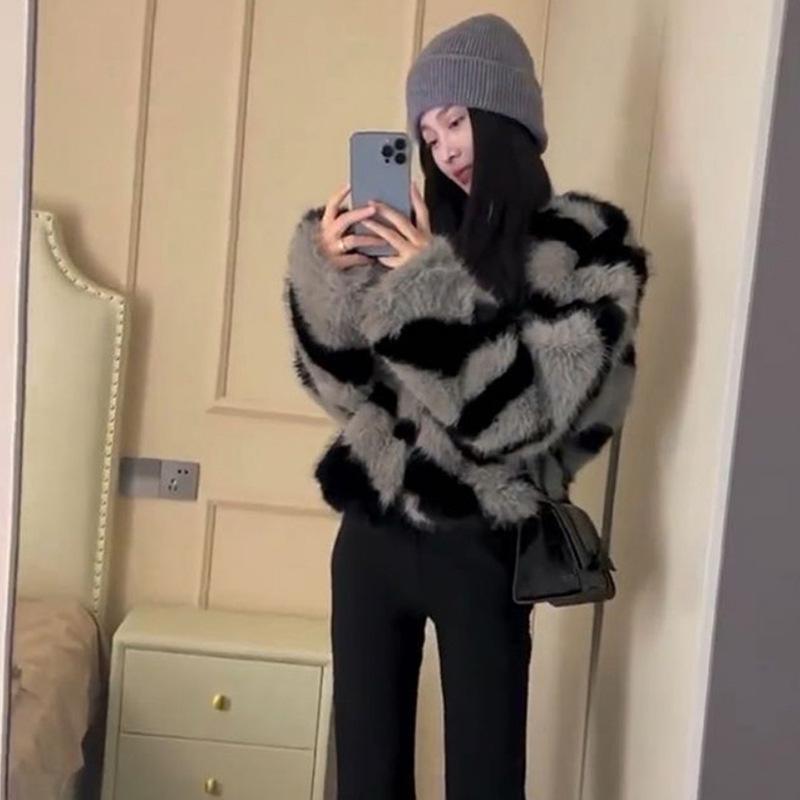 Women's Zebra Pattern Fur Jacket Imitation Fox Hair Short Small Fragrant Style Fashion Temperament Plush Cardigan Top