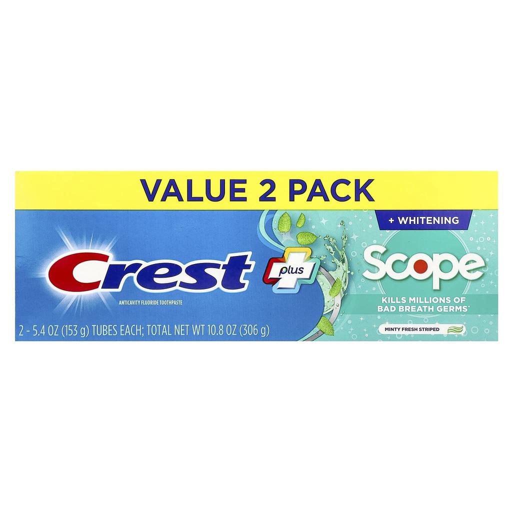 Crest Plus Scope, зубная паста с фтором против кариеса, Minty Fresh Stripe, 2 упаковки, 153 г (5,4 унции) каждый