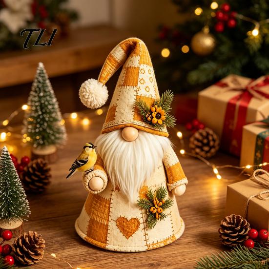 Decorative Autumn Harvest Figures Handmade Patchwork Gnome Ornament with Bird Decoration, Resin And Cloth Figurine Fabric Fall Dolls Home Decor,