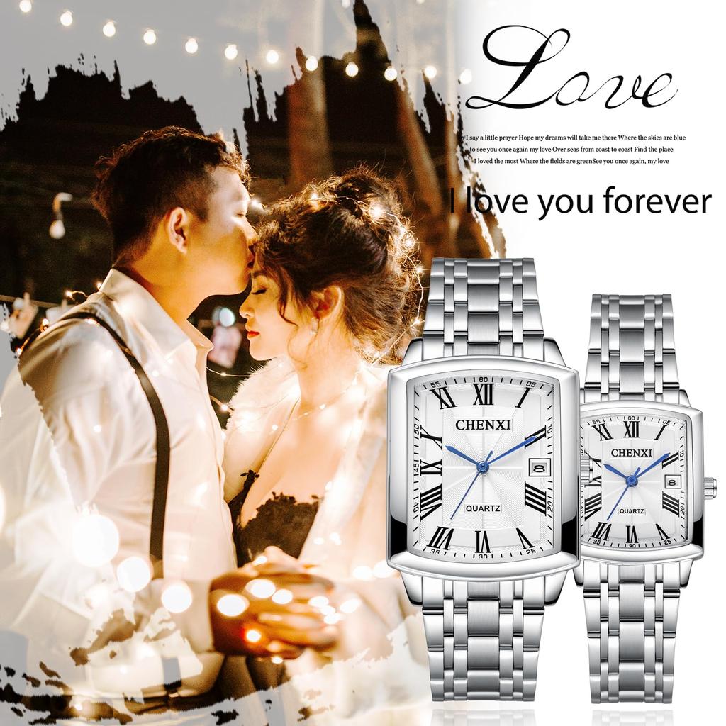Stainless Steel Calendar Analog 3ATM Waterproof Antique Roman Stylish Pair Watch Square Quartz Watch Silver Fashion Accessories Birthday Anniversary