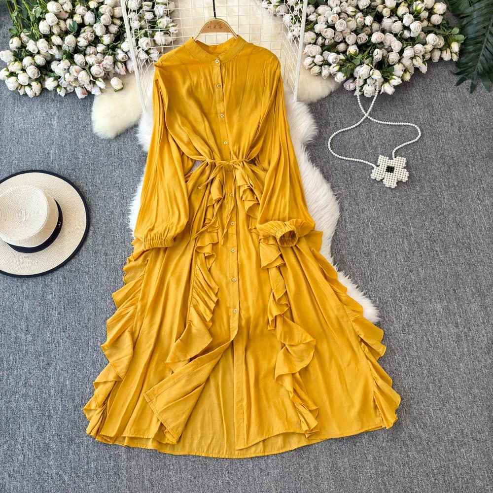 Нежный стиль, темперамент, рукава-фонарики, воротник-стойка, присборенная талия, А-силуэт, оборки по краю, шифоновое платье, элегантные большие свободные длинные платья