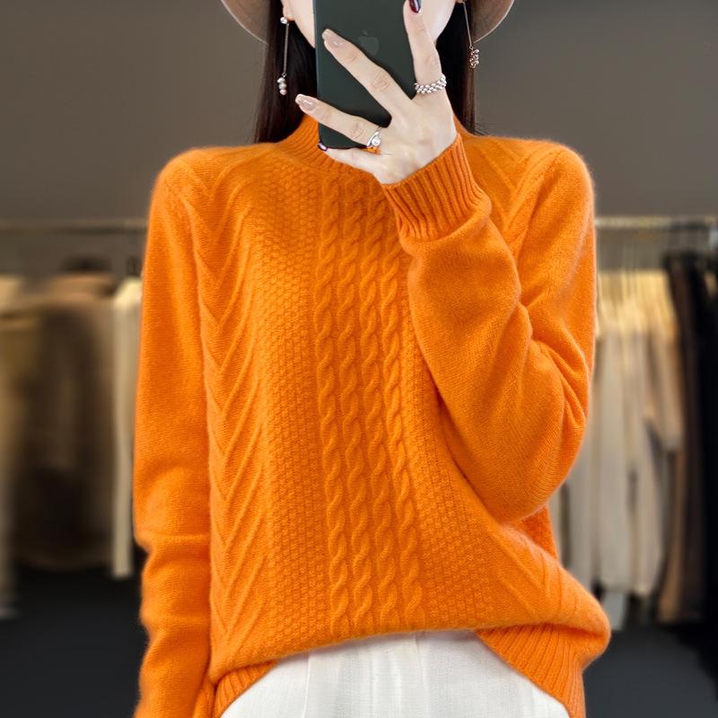 2023 Women's Autumn/Winter Thick Cable Knit Semi-High Neck Sweater