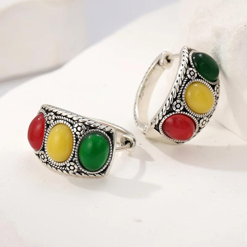 Винтажные Посеребренные Ручной Резьбы Текстовые Цветные Синтетические Бирюзовые Серьги-Кольца Женские Бохо Стиль Банкетные Украшения Поделки