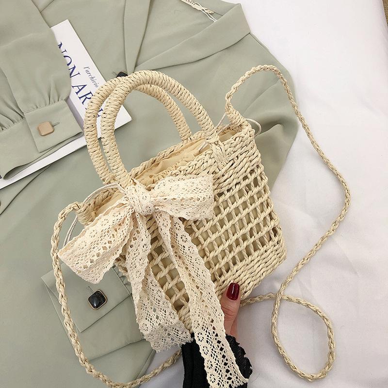 Yogodlns Соломенная сумка с цветочной вышивкой и бантом, тканая полая сумка-ведро на плечо, праздничная пляжная сумка, летняя сумка через плечо, сумка