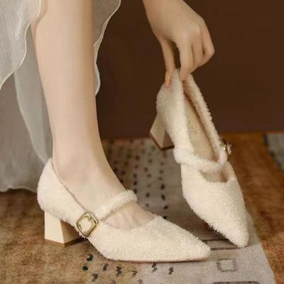 Женские туфли с острым носком и массивным мехом, зима 2025, новые туфли на среднем каблуке, элегантные короткие плюшевые прогулочные туфли, сексуальные туфли-лодочки, платье Zapatillas Mujer