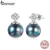 Женские серьги BAMOER из стерлингового серебра 925 пробы с блестящими ослепительными шариками CZ, черные жемчужные серьги-ракушки для помолвки, ювелирные украшения