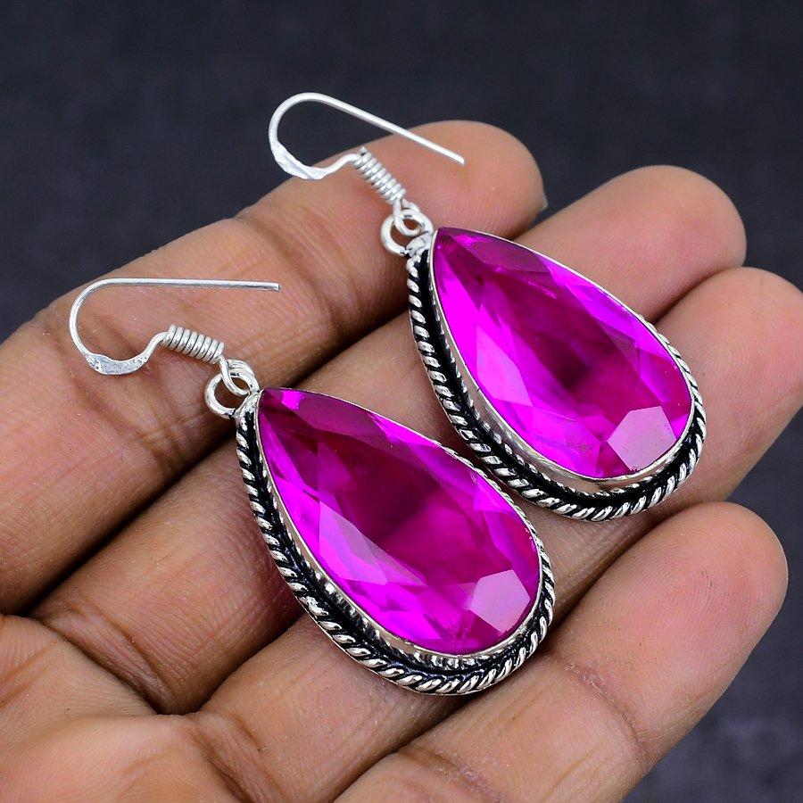 Розовый рубиллит драгоценный камень 925 стерлинговое серебро подарок ювелирное изделие серьга 2.01" K4r85