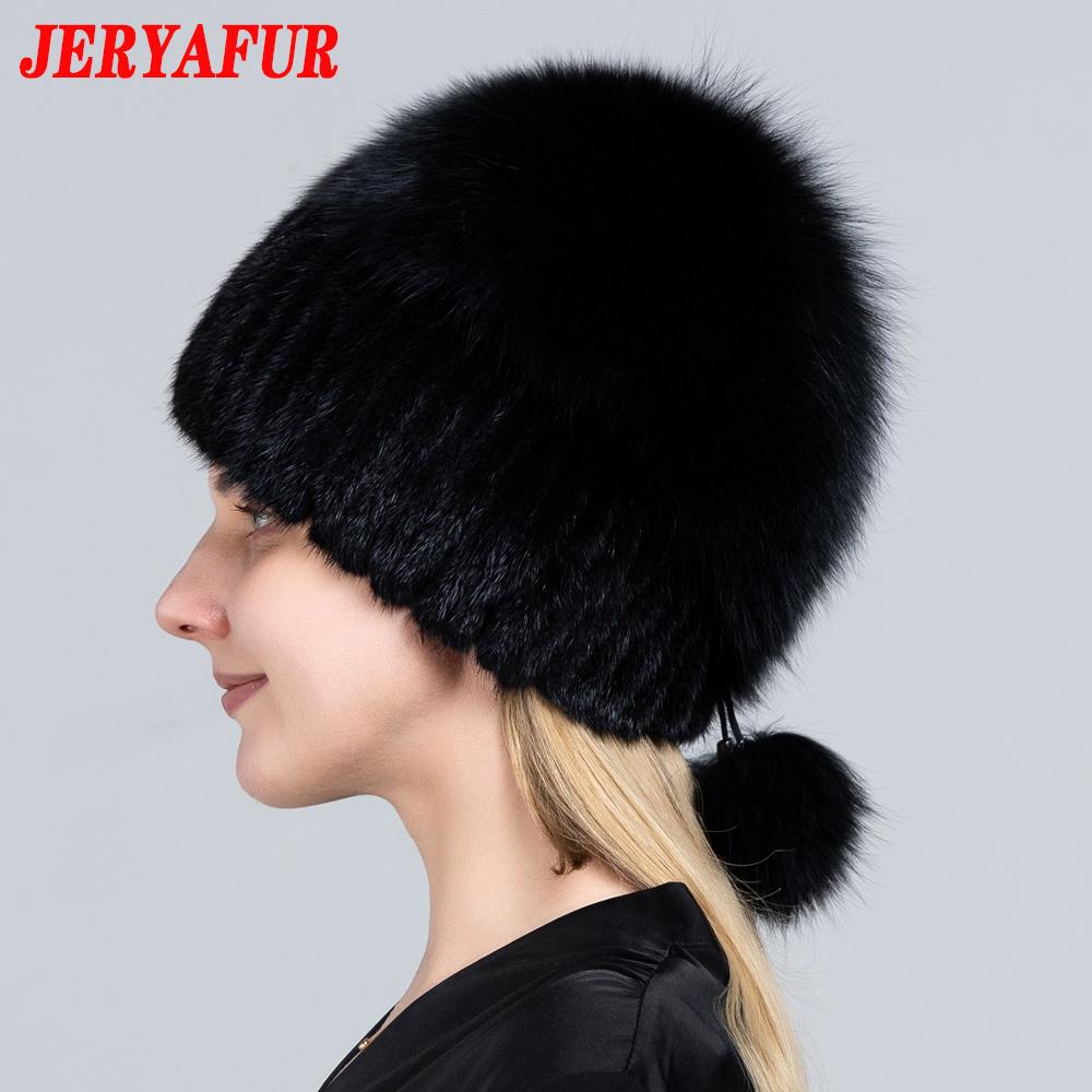 JERYAFUR Женская зимняя меховая шапка из натурального меха, вязаная меховая шапка с помпоном из норки и лисы с шариками, стильная теплая модная шапка для девочек, шапка