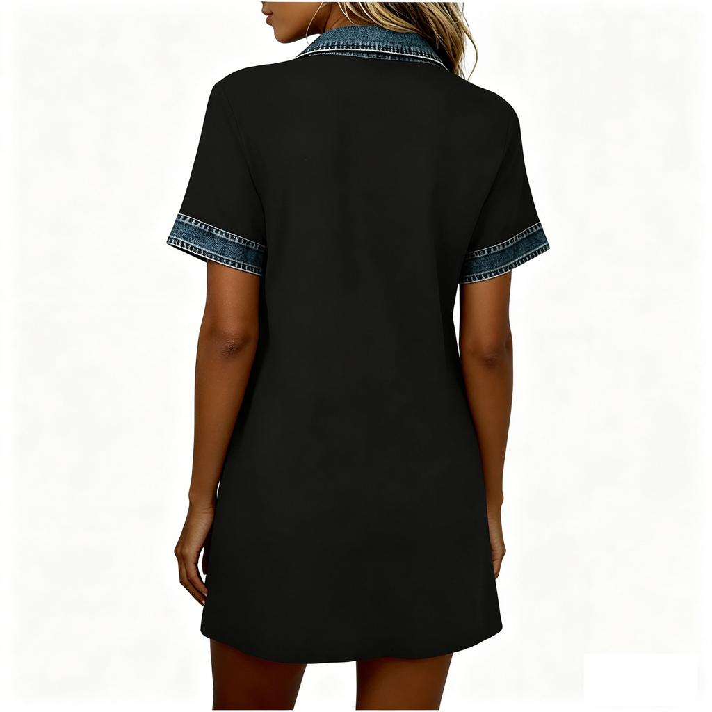 Women's Denim Printed Patchwork Dress Short Sleeve Button Up Dresses Loose Tshirt Dresses Casual Dress