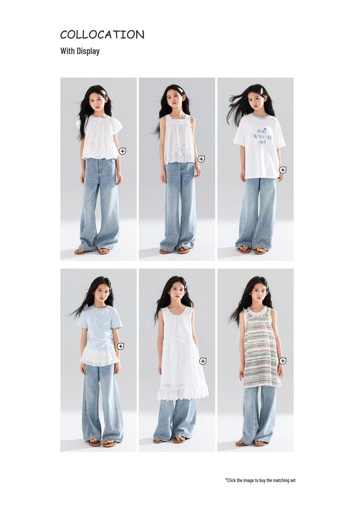 Summer Rhinestone Girls' Wide-Leg Jeans: Loose, Versatile, Straight-Leg Long Pants