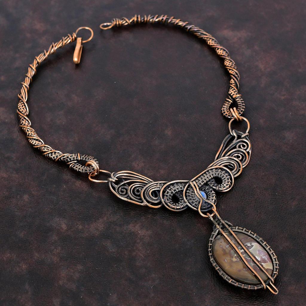 Марокканское ожерелье из ископаемого грязи, трещин, медной проволоки, ожерелье, ювелирные изделия ручной работы, ожерелье из лунного камня, подарок на годовщину, медные украшения