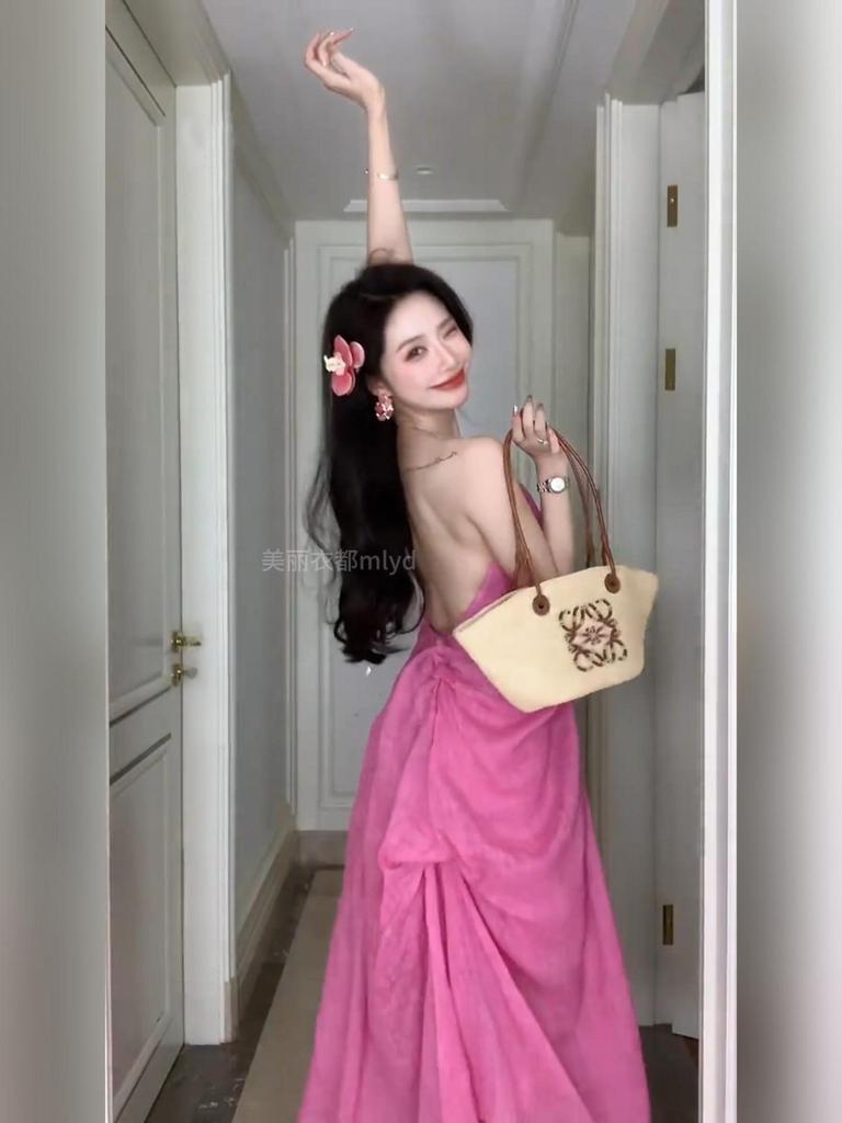 Backless sexy neck sling dress women's pink pleated thin new medium and long skirt holiday style