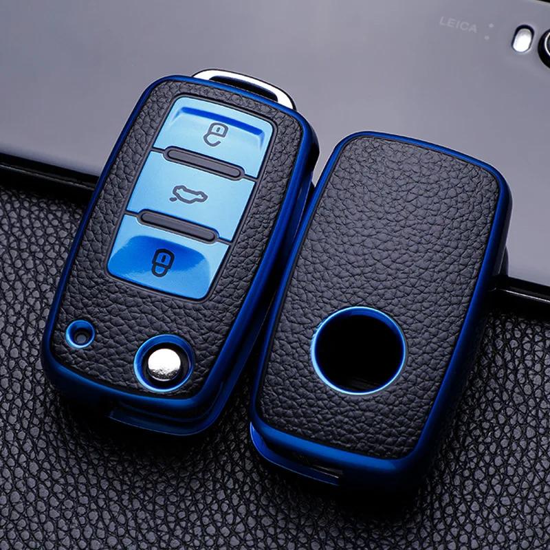 APRUB1 Leather Car Key Case Keys Full Cover Protection Shell Bag for VW Volkswagen Polo Tiguan Passat Golf Jetta Lavida Skoda Octavia