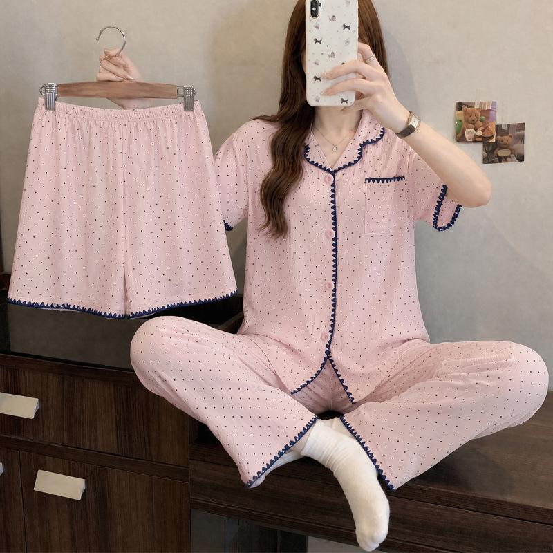 Little fresh fairy style summer new short-sleeved pajamas women's lazy sense loungewear cloud cotton three-piece set