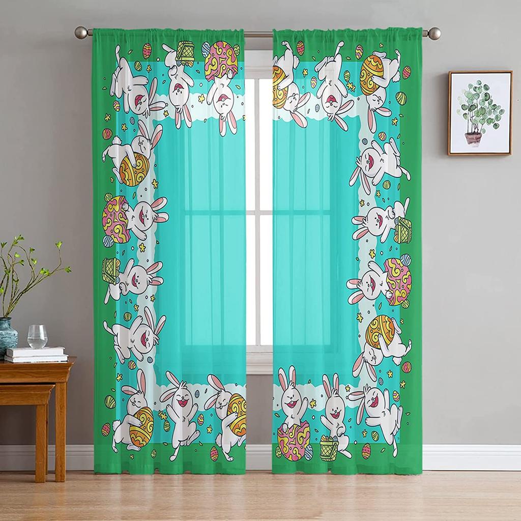 Easter Window Sheer Curtains for Bedroom Living Room Easter Egg Easter Bunny Spring Flower Chiffon Voile Sheer Drapes Curtain
