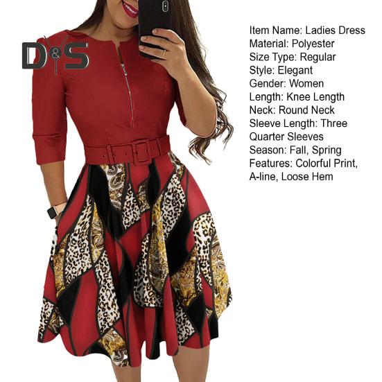 Ladies Dress Zipper Decor Belted Tight Waist Color Matching Print Round Neck Pockets Three Quarter Sleeve A Line Loose Hem Spring Fall Mini Dress